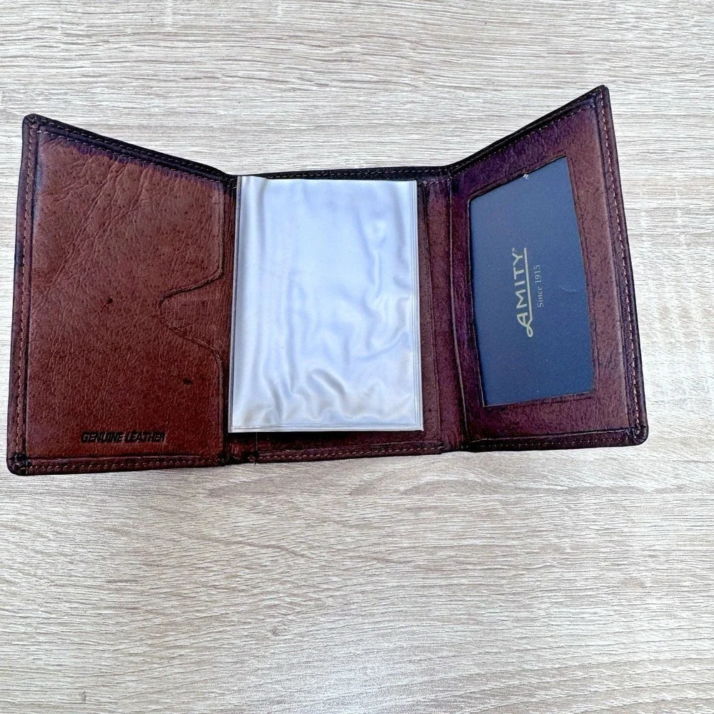 Vintage Amity Brown Genuine Leather Eagle Embossed Bifold ID Wallet
